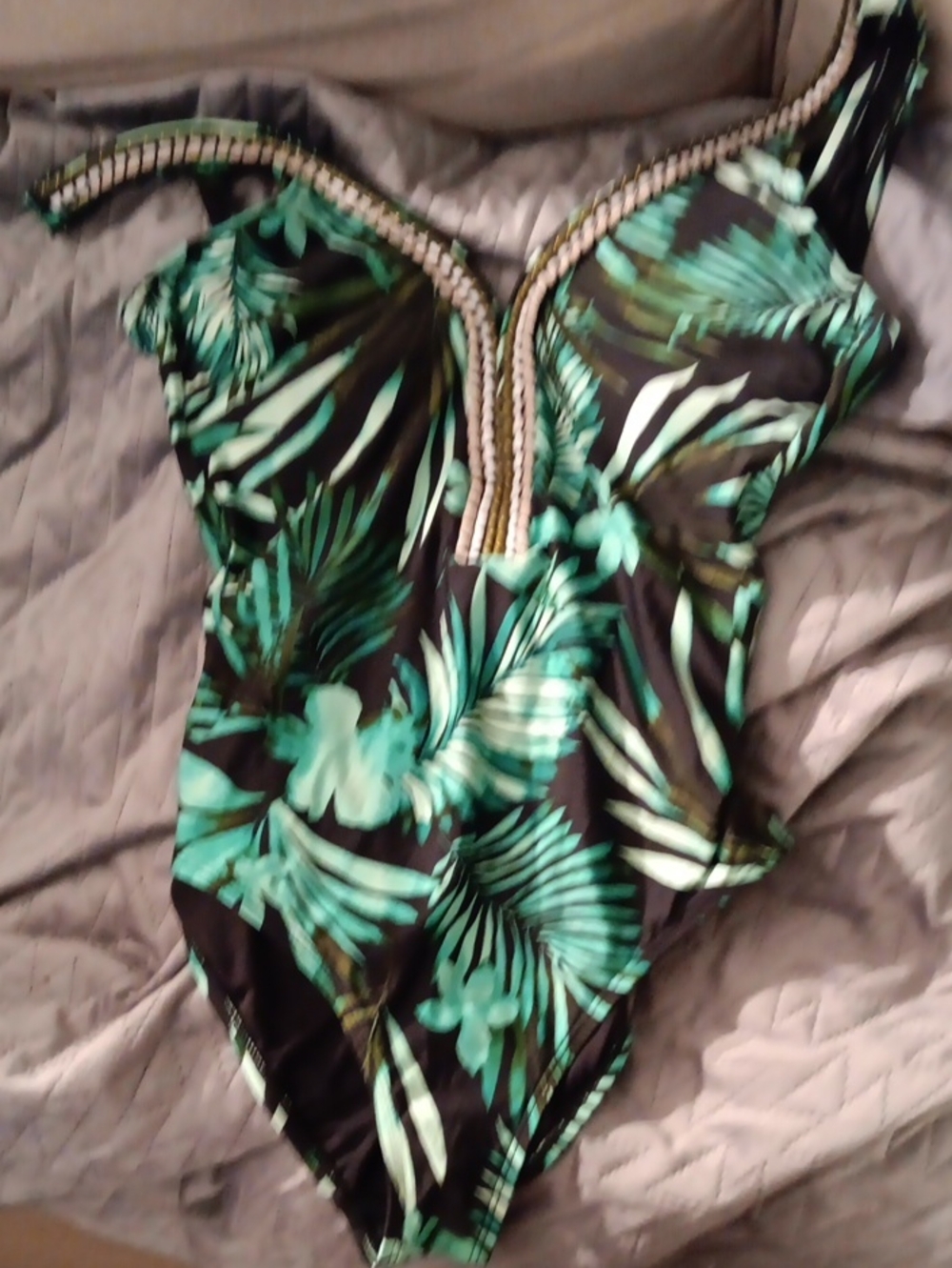 Jantzen Black One-Piece Swimsuit with Green Leaf Print